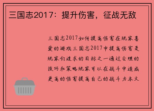 三国志2017：提升伤害，征战无敌